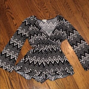 Black and White Chevron Romper with Ruffle Bottom